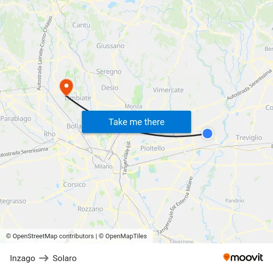 Inzago to Solaro map