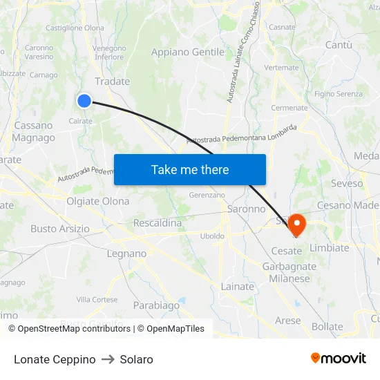 Lonate Ceppino to Solaro map