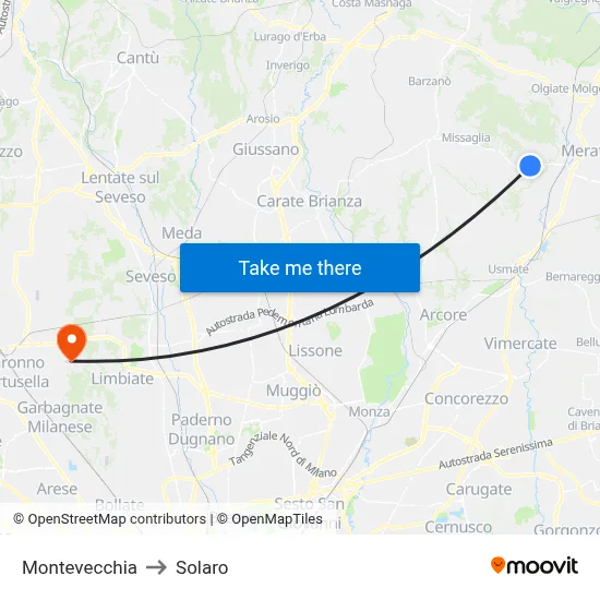 Montevecchia to Solaro map