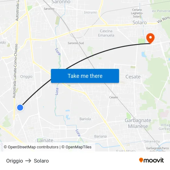 Origgio to Solaro map