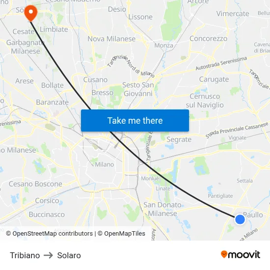 Tribiano to Solaro map