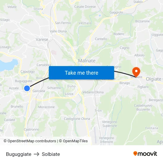 Buguggiate to Solbiate map