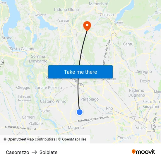Casorezzo to Solbiate map