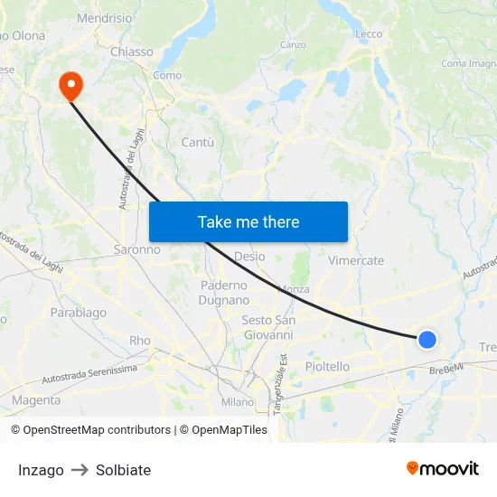 Inzago to Solbiate map