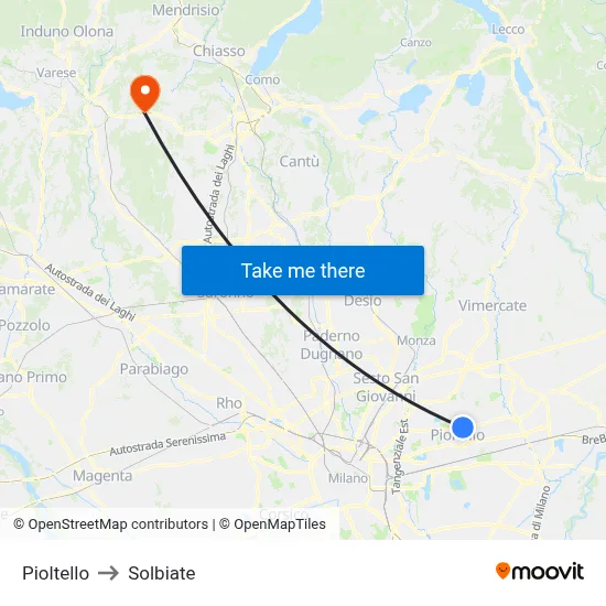Pioltello to Solbiate map