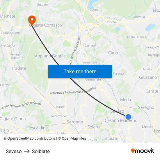 Seveso to Solbiate map