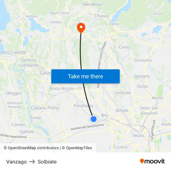 Vanzago to Solbiate map