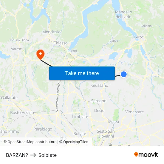 Barzan to Solbiate map