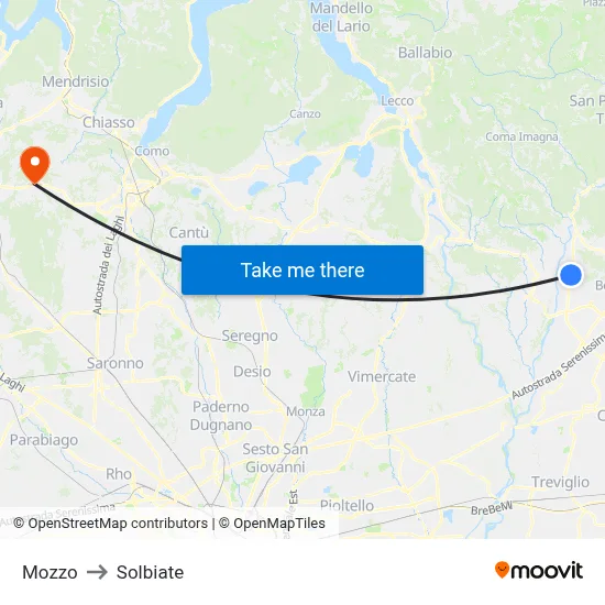 Mozzo to Solbiate map
