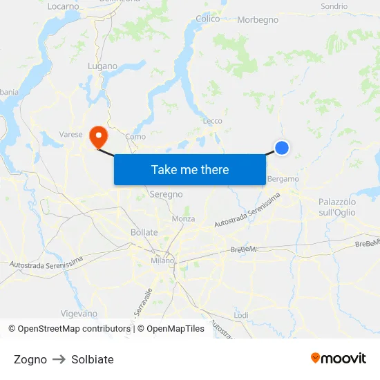 Zogno to Solbiate map