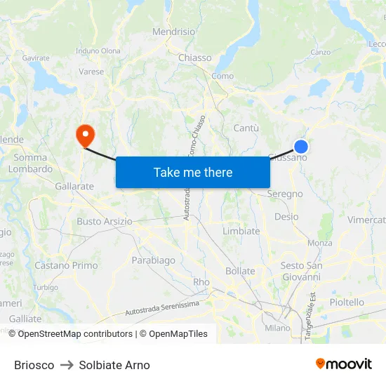 Briosco to Solbiate Arno map