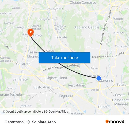 Gerenzano to Solbiate Arno map
