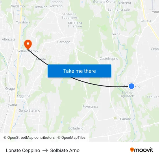 Lonate Ceppino to Solbiate Arno map