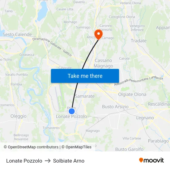 Lonate Pozzolo to Solbiate Arno map