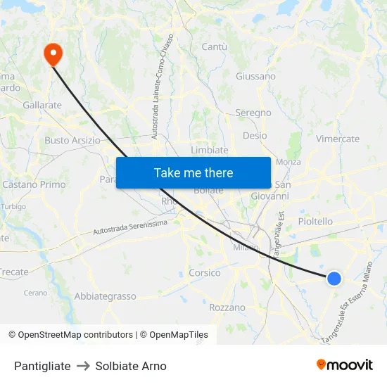 Pantigliate to Solbiate Arno map