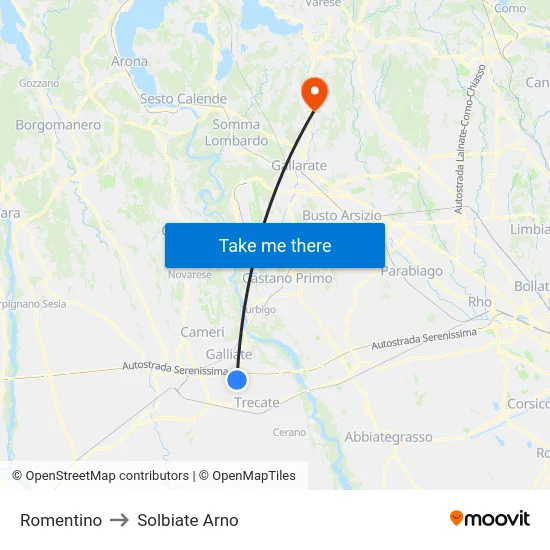 Romentino to Solbiate Arno map