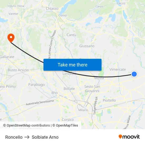 Roncello to Solbiate Arno map