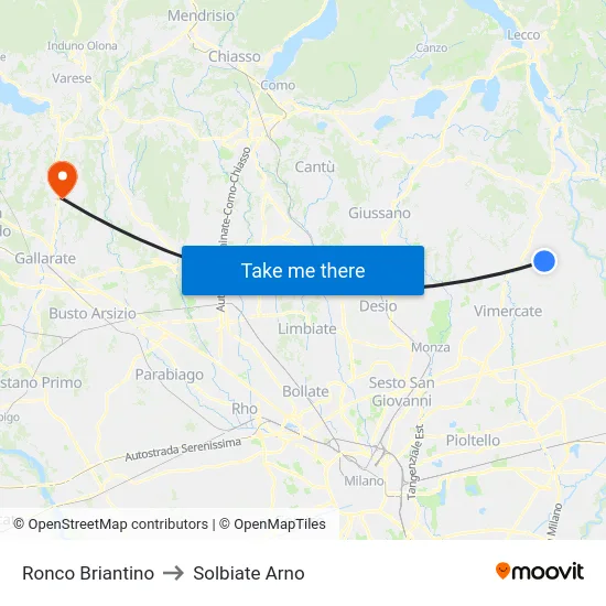 Ronco Briantino to Solbiate Arno map