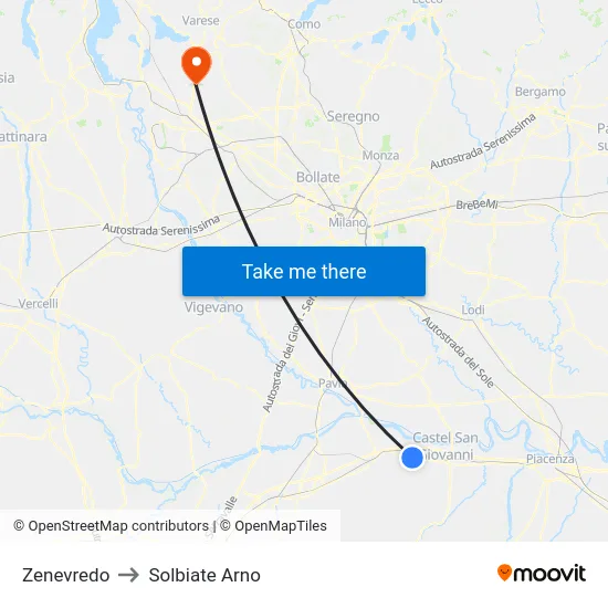 Zenevredo to Solbiate Arno map