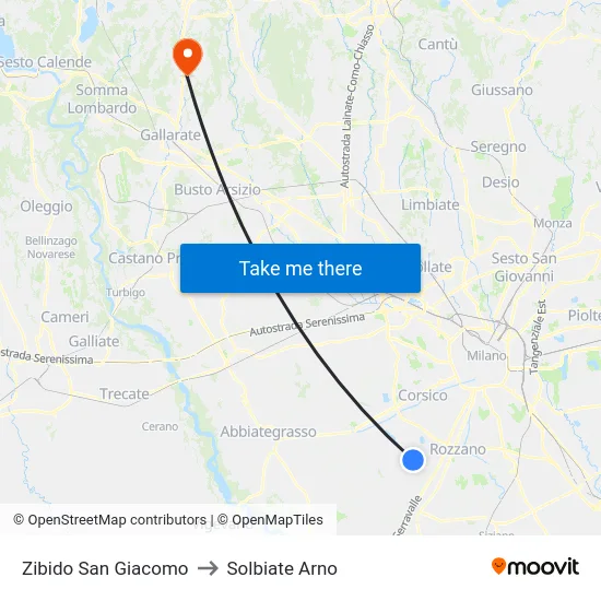 Zibido San Giacomo to Solbiate Arno map