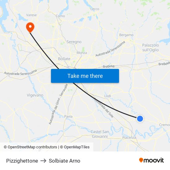 Pizzighettone to Solbiate Arno map