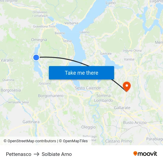 Pettenasco to Solbiate Arno map