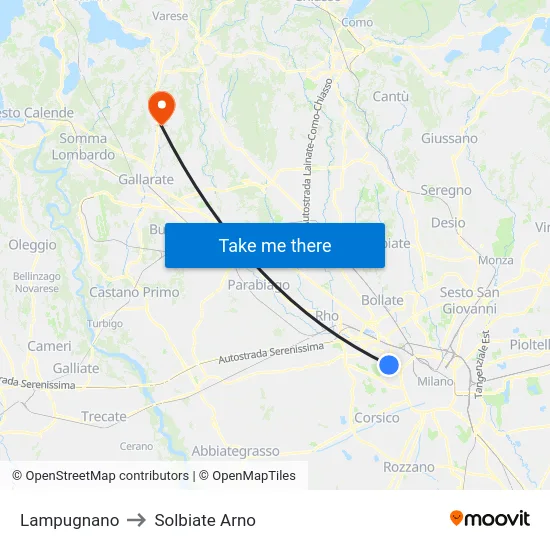 Lampugnano to Solbiate Arno map