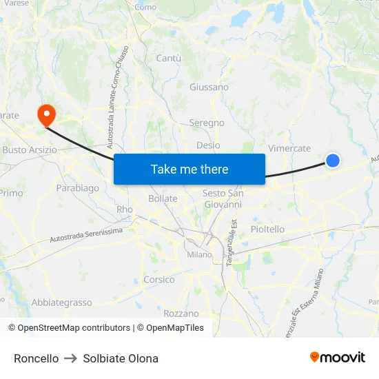 Roncello to Solbiate Olona map