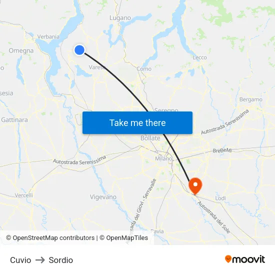 Cuvio to Sordio map