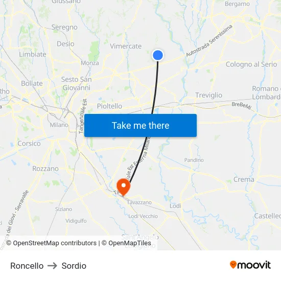 Roncello to Sordio map