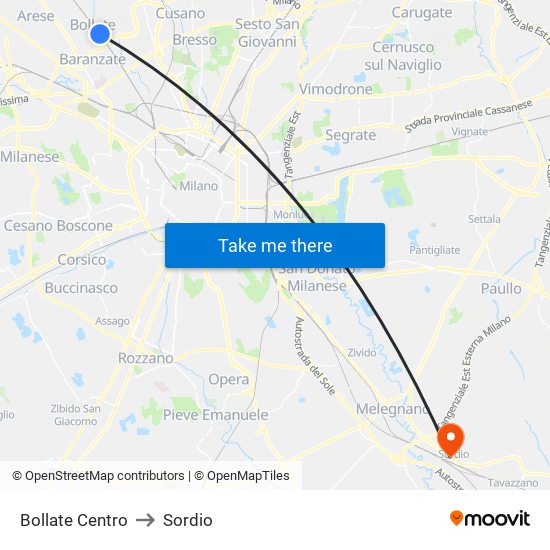 Bollate Centro to Sordio map