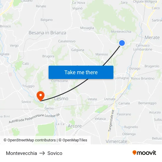 Montevecchia to Sovico map