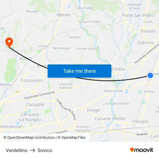 Verdellino to Sovico map