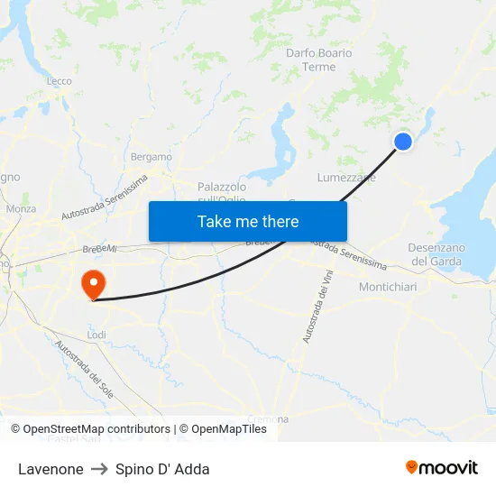 Lavenone to Spino D' Adda map