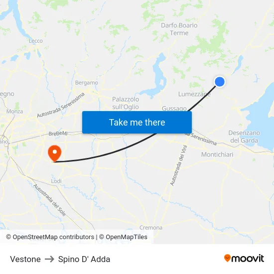 Vestone to Spino D' Adda map