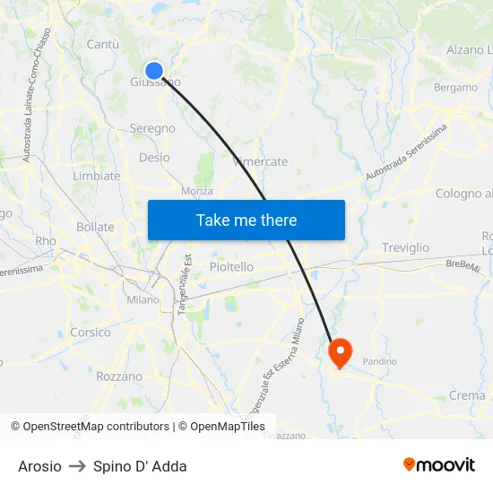 Arosio to Spino D' Adda map