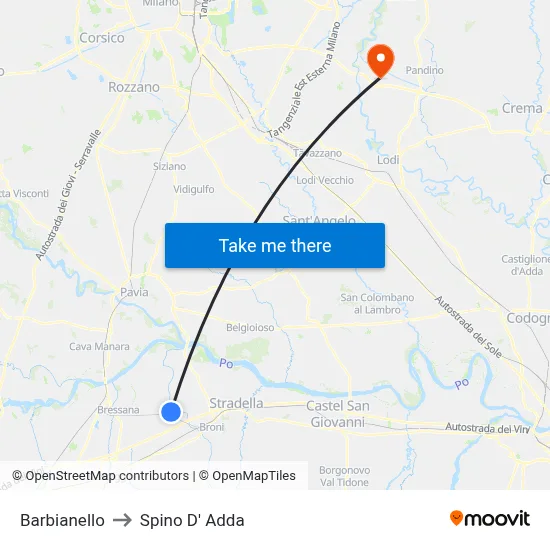Barbianello to Spino D' Adda map