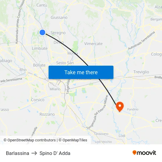 Barlassina to Spino D' Adda map