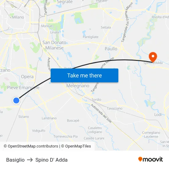 Basiglio to Spino D' Adda map