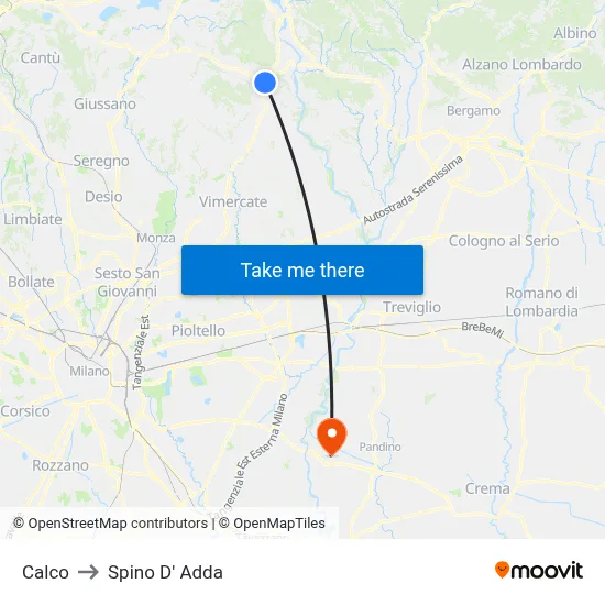 Calco to Spino D' Adda map