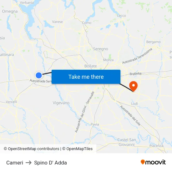 Cameri to Spino D' Adda map