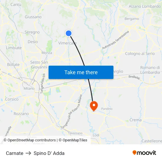 Carnate to Spino D' Adda map