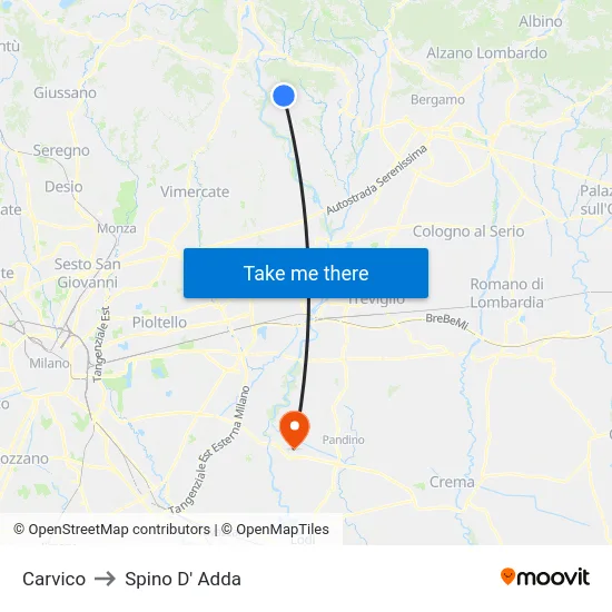 Carvico to Spino D' Adda map