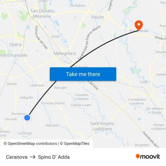 Ceranova to Spino D' Adda map