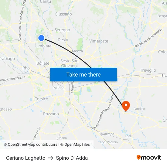 Ceriano Laghetto to Spino D' Adda map