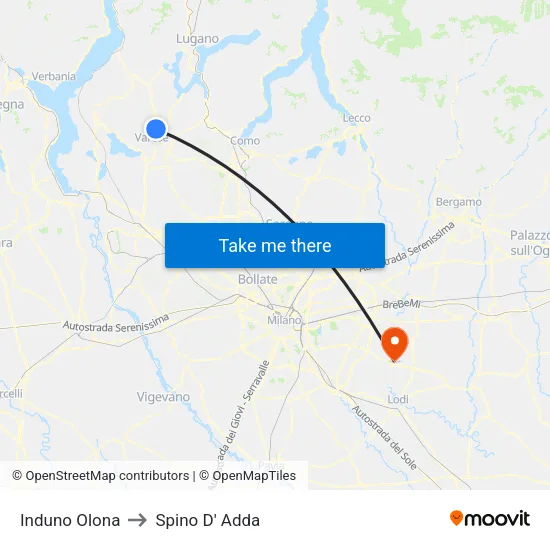 Induno Olona to Spino D' Adda map