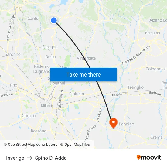 Inverigo to Spino D' Adda map