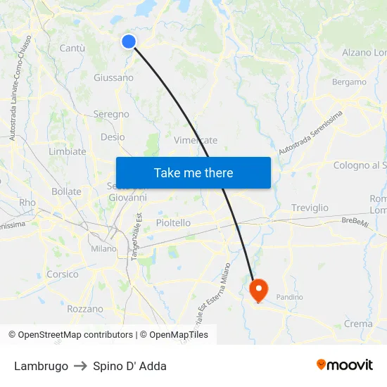 Lambrugo to Spino D' Adda map