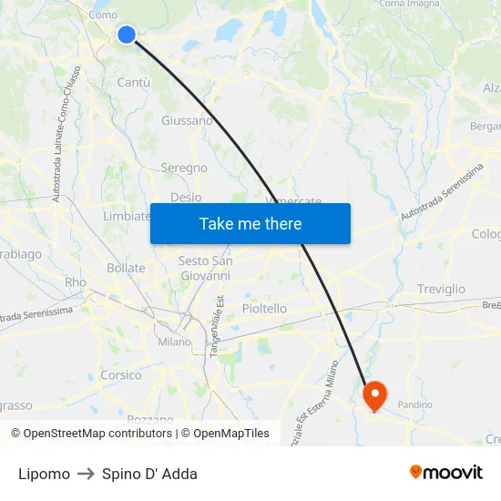 Lipomo to Spino D' Adda map