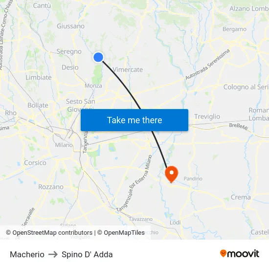 Macherio to Spino D' Adda map
